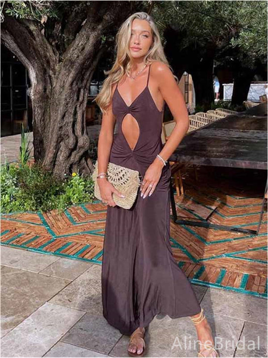 Sexy Mocha V-neck Backless Long Prom Dress with Cut-Out, PD381901