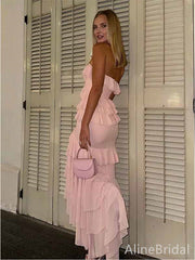 Elegant Strapless Pink Chiffon Long Ruffles Tiered Prom Dress-High-Low Evening Dress, PD381909