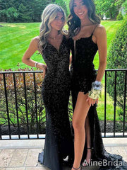 Sparkly  Black Sequins V-neck Mermaid Long Prom Dress, Evening Dress, PD381931