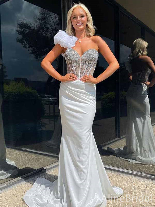 Sparkly White One-Shoulder Sweetheart Long Mermaid Evening Dress with Beading, PD381936