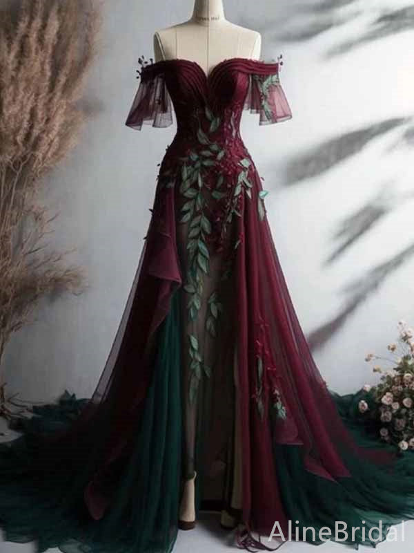Unique Color-Block Burgundy and Green A-line Formal Gown with Sheer Sleeves, PD381952