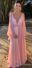 Sexy Pink V-neck Spaghetti Strap Long Sleeves A-line Long Prom Dress, Evening Dress, PD381981