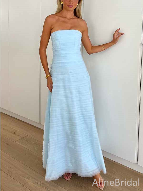Complex Pinch Pleatd Baby Blue Strapless A-line Long Prom Dress, Evening Gowns,PD381984