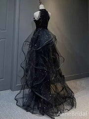 Sparkly Black Halter A-line Long Layered Tulle Prom Dress, Evening Dress, PD382009
