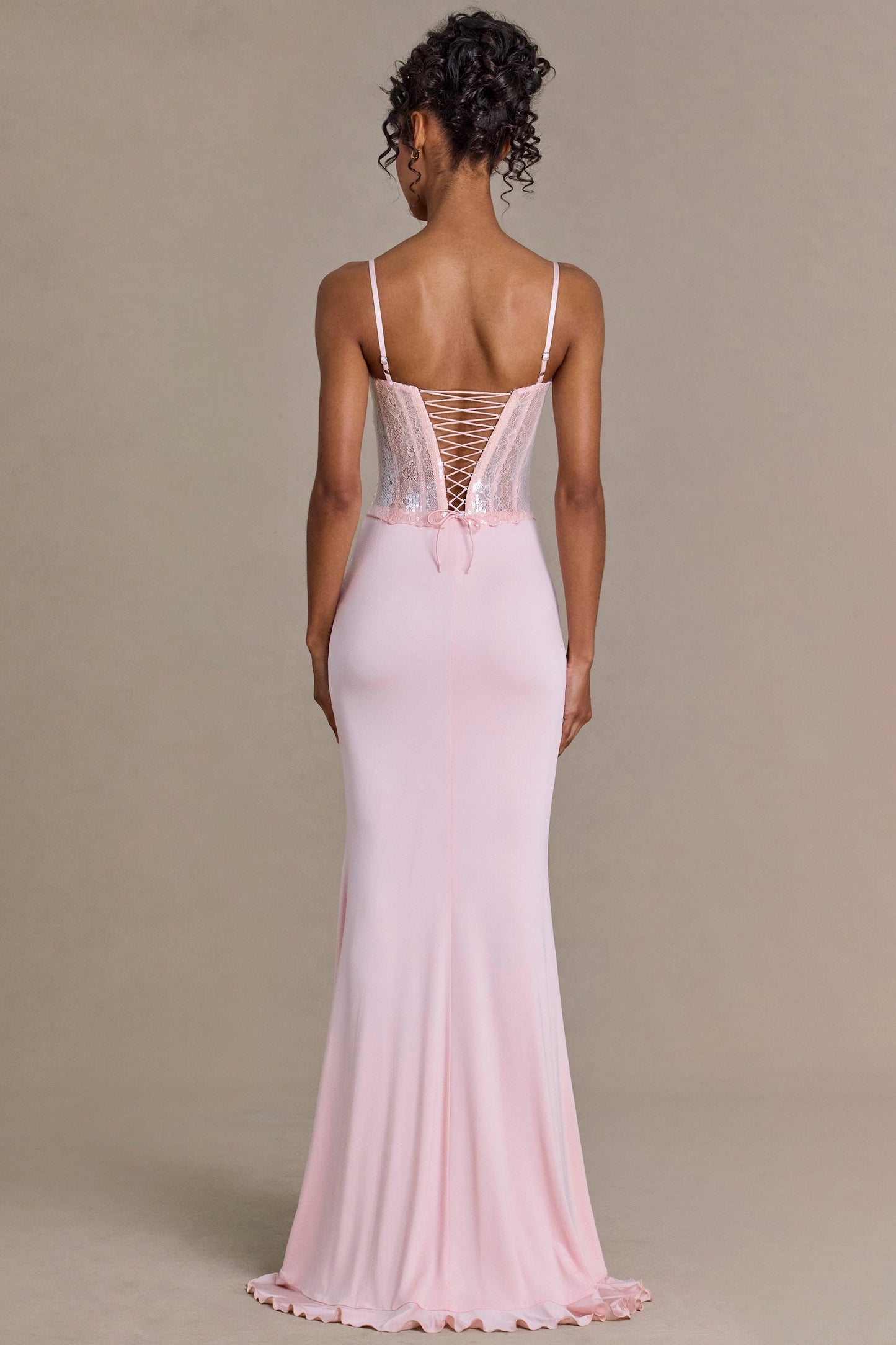 Embellished Lace Corset Gown in Baby Pink