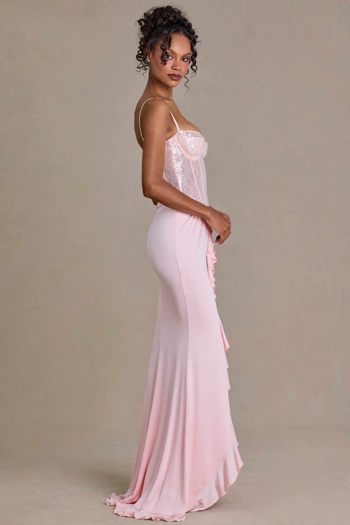 Embellished Lace Corset Gown in Baby Pink