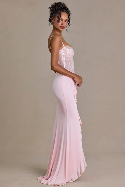 Embellished Lace Corset Gown in Baby Pink