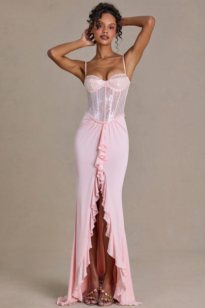 Embellished Lace Corset Gown in Baby Pink