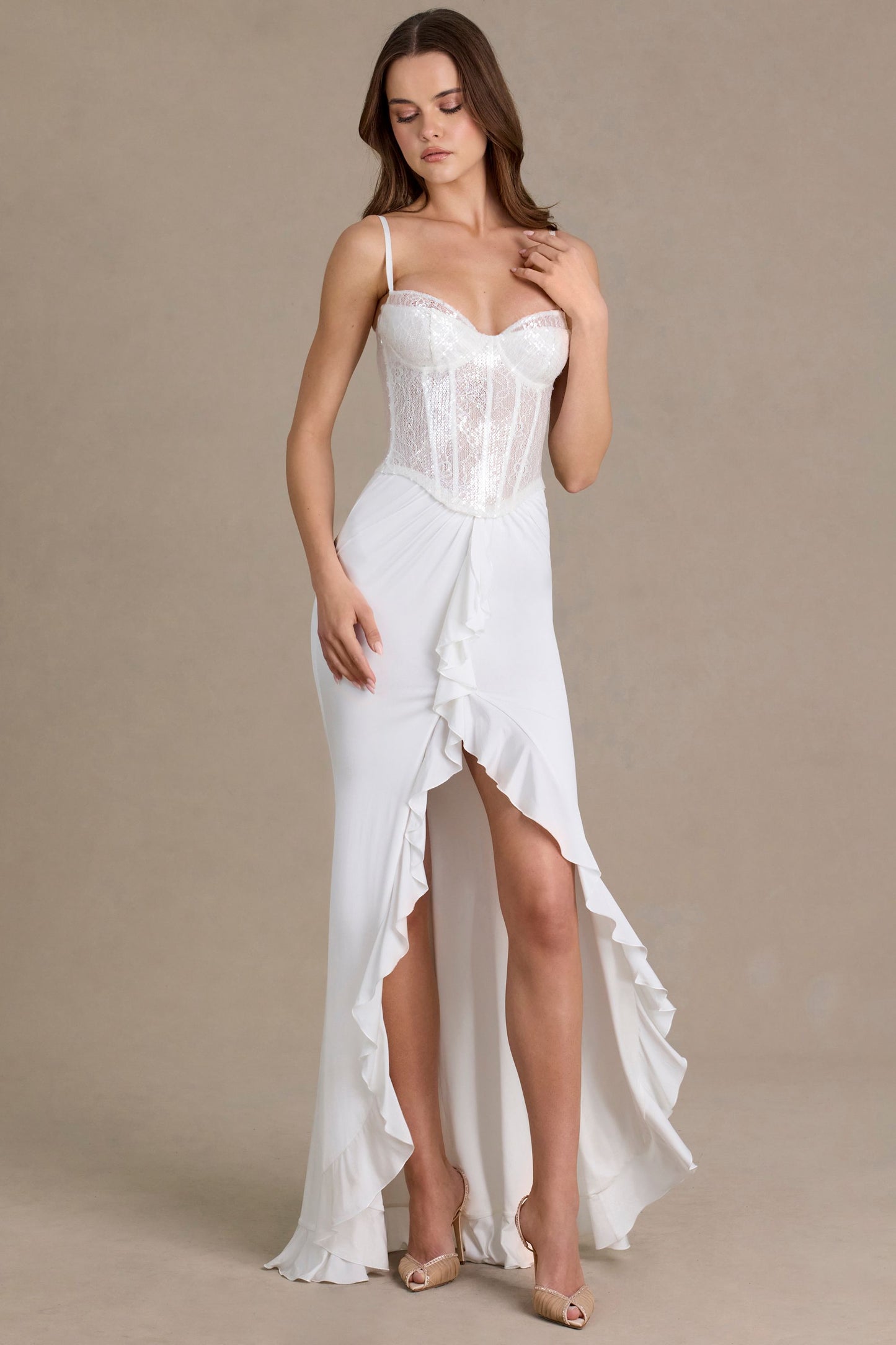 Embellished Lace Corset Gown in White