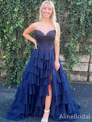 Gorgeous Navy Blue V-neck Strapless Corset A-line Ruffled Tiered Prom Dress with Slit, PD382010