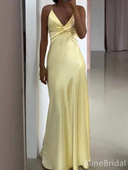 Elegant Yellow Satin Cutout Mermaid Long Prom Dress, PD382015