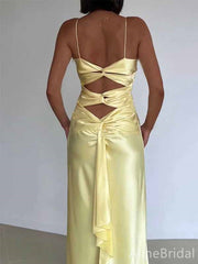 Elegant Yellow Satin Cutout Mermaid Long Prom Dress, PD382015