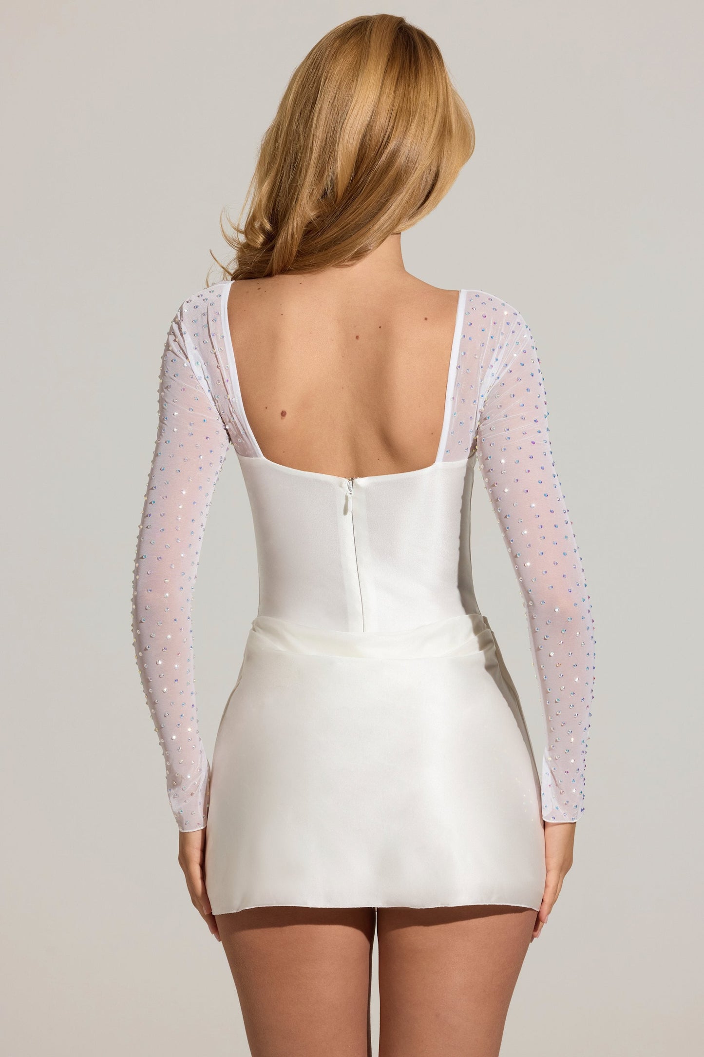 Embellished Long-Sleeve Draped Mini Dress in White