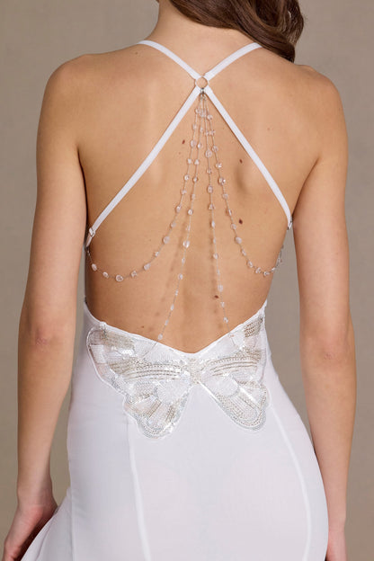 Chiffon Cowl-Neck Open-Back Gown in White