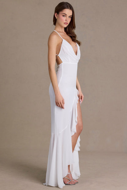 Chiffon Cowl-Neck Open-Back Gown in White