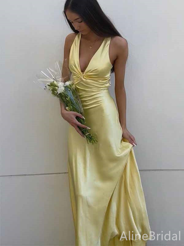 Elegant Yellow Satin V-neck Crisscross Long Prom Dress, PD382030