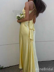 Elegant Yellow Satin V-neck Crisscross Long Prom Dress, PD382030