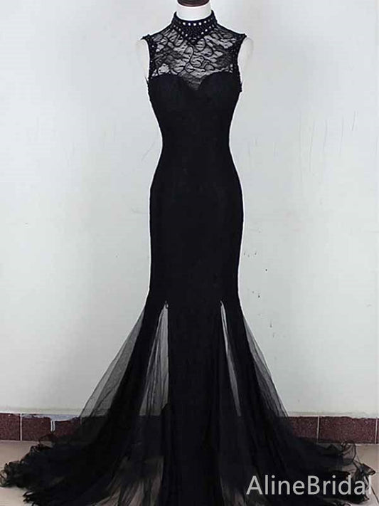 Gorgeous Black Lace Applique Lace Up Mermaid Long Tulle Prom Dress,PD382043