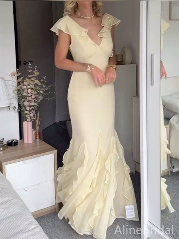 Elegant Yellow Chiffon Ruffles Mermaid Prom Dress with Cap Sleeves, Evening Dress, PD382084