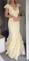 Elegant Yellow Chiffon Ruffles Mermaid Prom Dress with Cap Sleeves, Evening Dress, PD382084