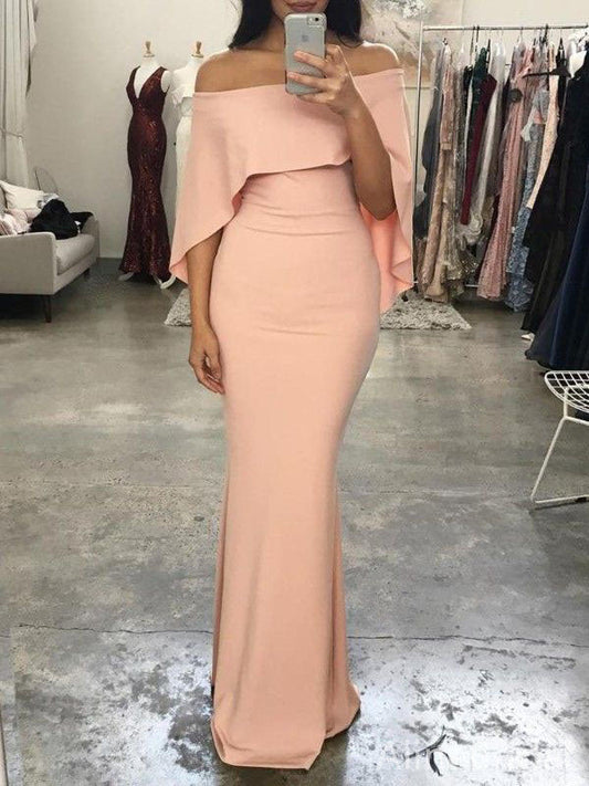 Elegant Light Peach Pink Off-Shoulder Long Mermaid Prom Dress with Cape, Evening Dress, PD382086