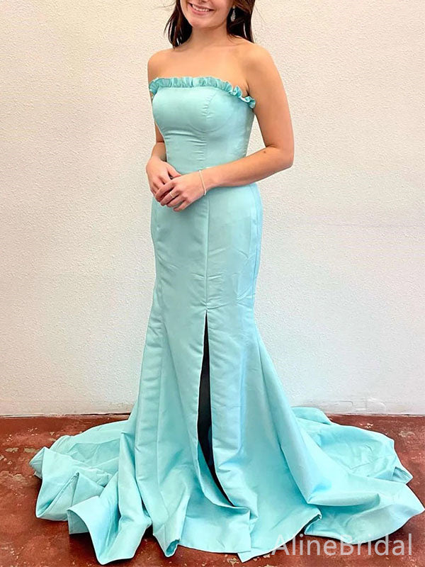 Elegant Sky Blue Strapless Long Mermaid Prom Dress with Slit, Evening Dress, PD3822977