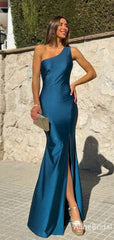 Elegant Dark Blue One-Shoulder Backless Long Evening Dress with Slit, Prom Dress, PD382116