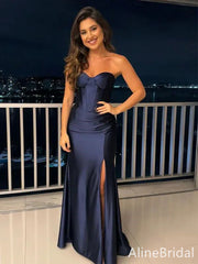 Elegant Navy Blue Sweetheart Strapless Corset Long Mermaid Evening Dress with Slit, Prom Dress, PD3822971