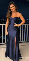 Elegant Navy Blue Sweetheart Strapless Corset Long Mermaid Evening Dress with Slit, Prom Dress, PD3822971
