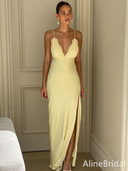 Sexy Yellow V-neck Backless Mermaid Prom Dress wit Slit, Evening Dress, PD382124