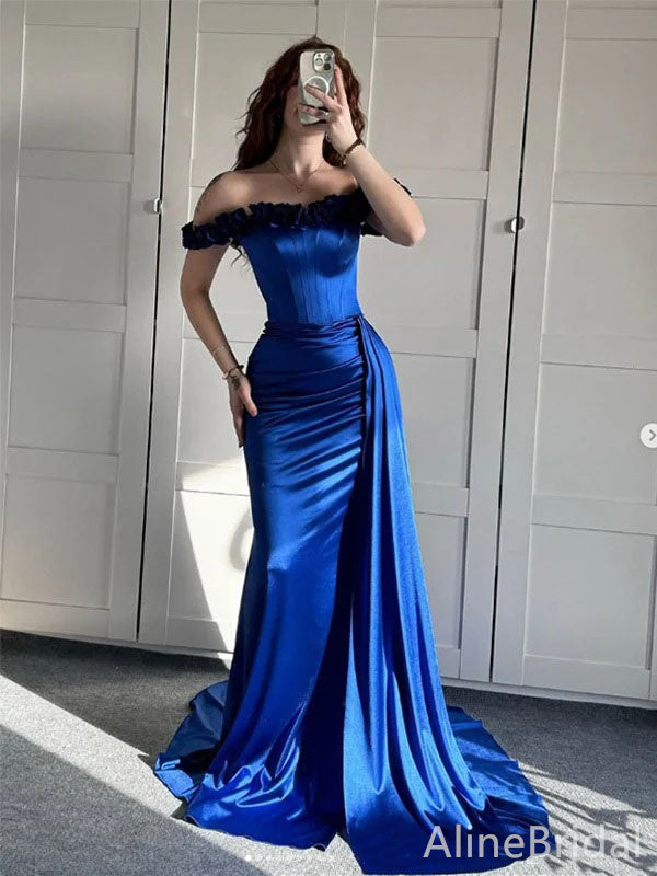 Elegant Navy-Blue Off-Shoulder Lace-up Mermaid Prom Dress with Trailing, Evening Dress,   PD3822972