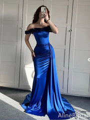 Elegant Navy-Blue Off-Shoulder Lace-up Mermaid Prom Dress with Trailing, Evening Dress,   PD3822972
