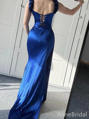 Elegant Navy-Blue Off-Shoulder Lace-up Mermaid Prom Dress with Trailing, Evening Dress,   PD3822972