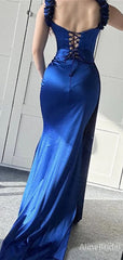 Elegant Navy-Blue Off-Shoulder Lace-up Mermaid Prom Dress with Trailing, Evening Dress,   PD3822972