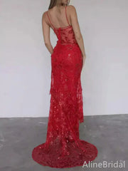 Sexy Red Lace Appliqué Sheer Spaghetti Strap Long Mermaid Evening Gown, Evening Dress,  PD3822975