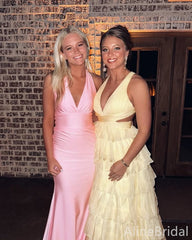 Elegant Pink V-neck Halter Backless Maxi Mermaid Prom Dress, Evening Dress, PD382137