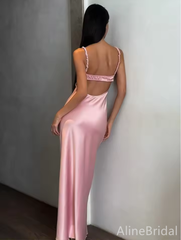 Elegant Pink Spaghetti Strap Backless Mermaid Long Prom Dress, Evening Dress, PD3822976