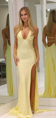 Sexy Yellow Satin Halter Mermaid Long Prom Dress with Slit, Backless Evening Dress, PD382146