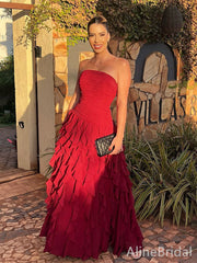 Elegant Red Strapless Ruffles A-line Long Prom Dress, Evening Dress, PD3822969
