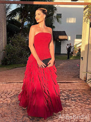 Elegant Red Strapless Ruffles A-line Long Prom Dress, Evening Dress, PD3822969