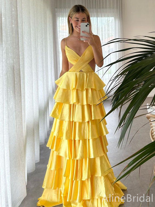 Elegant Yellow V-neck Ruffles A-line Long Prom Dress, Evening Dress,PD382188