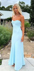 Elegant Light Blue Strapless Mermaid Long Prom Dress, Evening Dress, PD382189