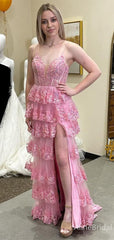 Sparkly Pink Lace Appliques A-Line Layered Tulle Prom Dress, Backless Evening Dress, PD382226