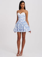 Taleah Blue Floral Print Linen Mini Dress with Lace Trim