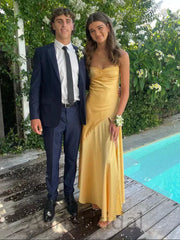 Minimalist Yellow Strapless Long Prom Dress with Slit, PD3742