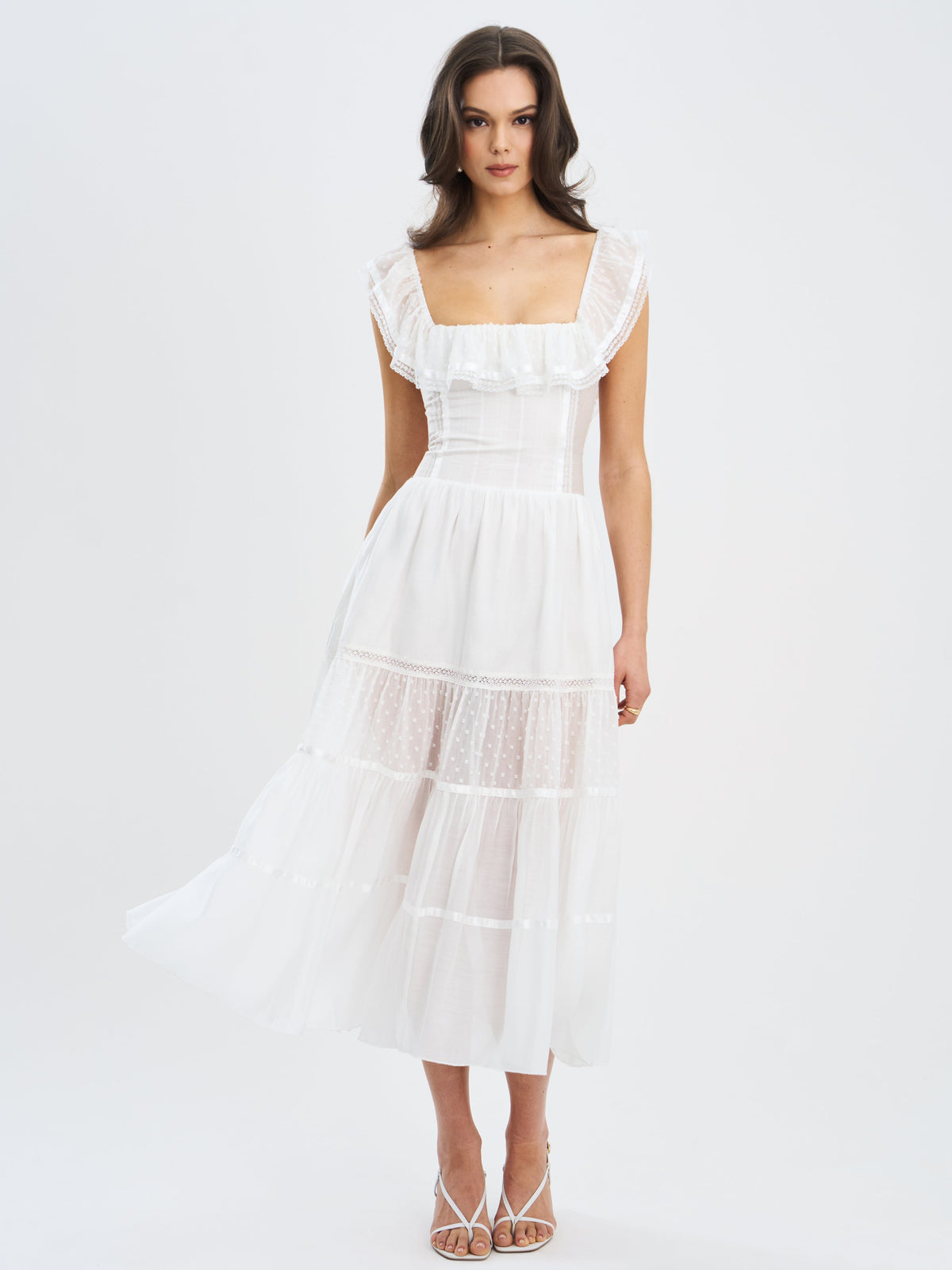 Eden White Tencel Square Neck Ruffle Trim Midi Dress