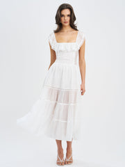 Eden White Tencel Square Neck Ruffle Trim Midi Dress