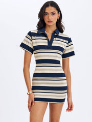 Whitley Navy & Ivory Piqué Cotton Striped Collared Mini Dress