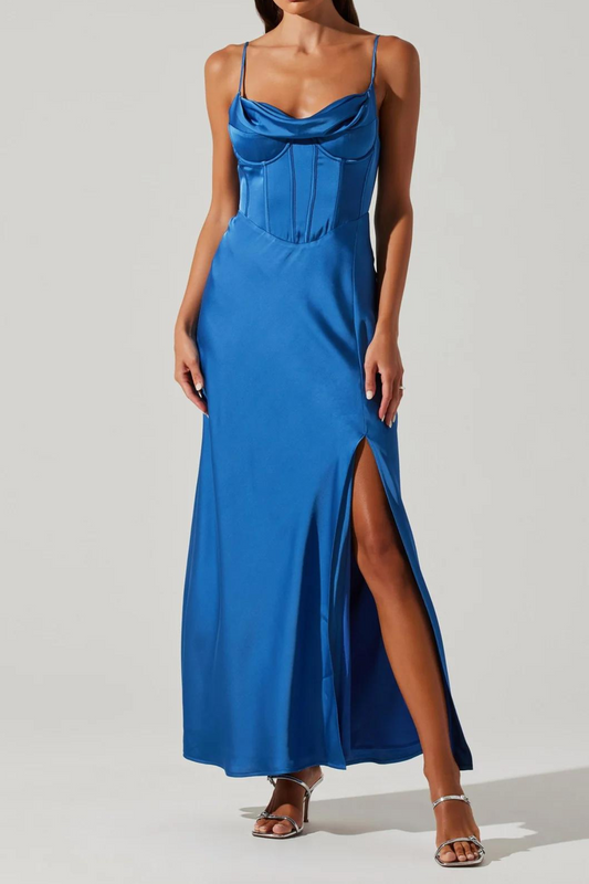 ASTR THE LABEL - CANNES SATIN BUSTIER MAXI DRESS DENIM BLUE