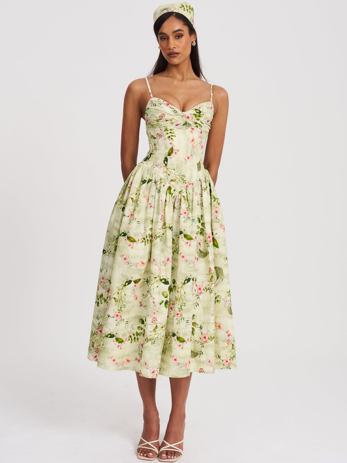 Jacinda Green Floral Print Linen Midi Dress